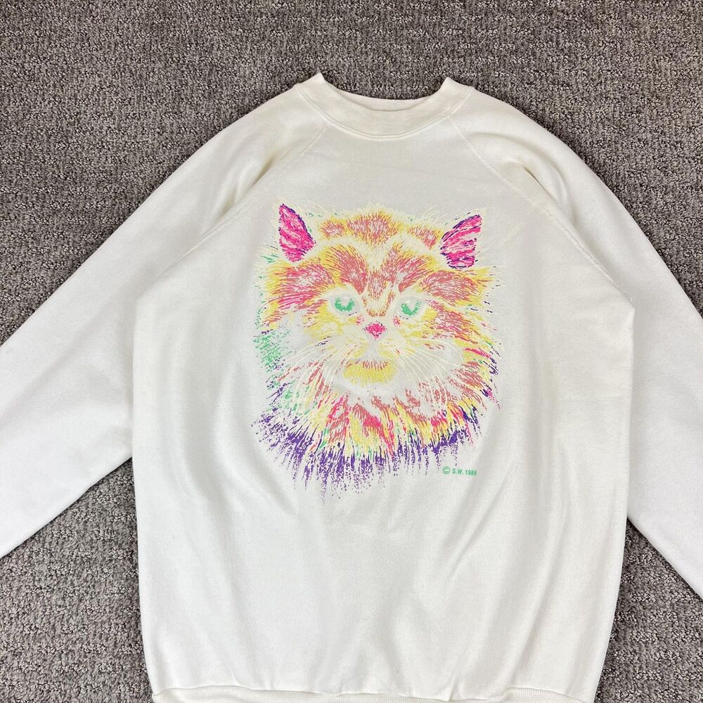 Vintage Sweatshirt Womens Large White Neon Cat Grandma 80s Crewneck Retro - Picture 3 of 11